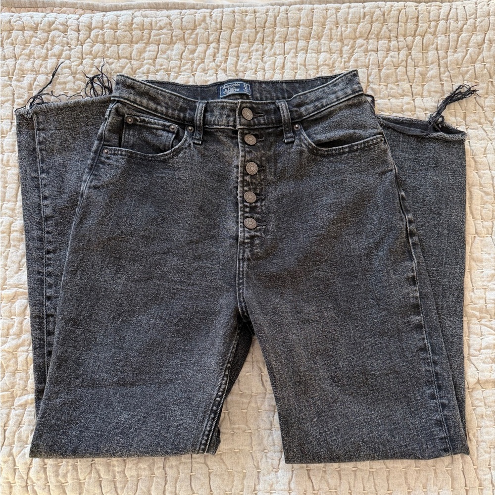 Abercrombie Womens Ultra High Rise Straight Button Fly Jeans Black Wash Raw Hem